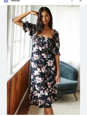 Anthropologie black floral midi dress smocked puff sleeves XL